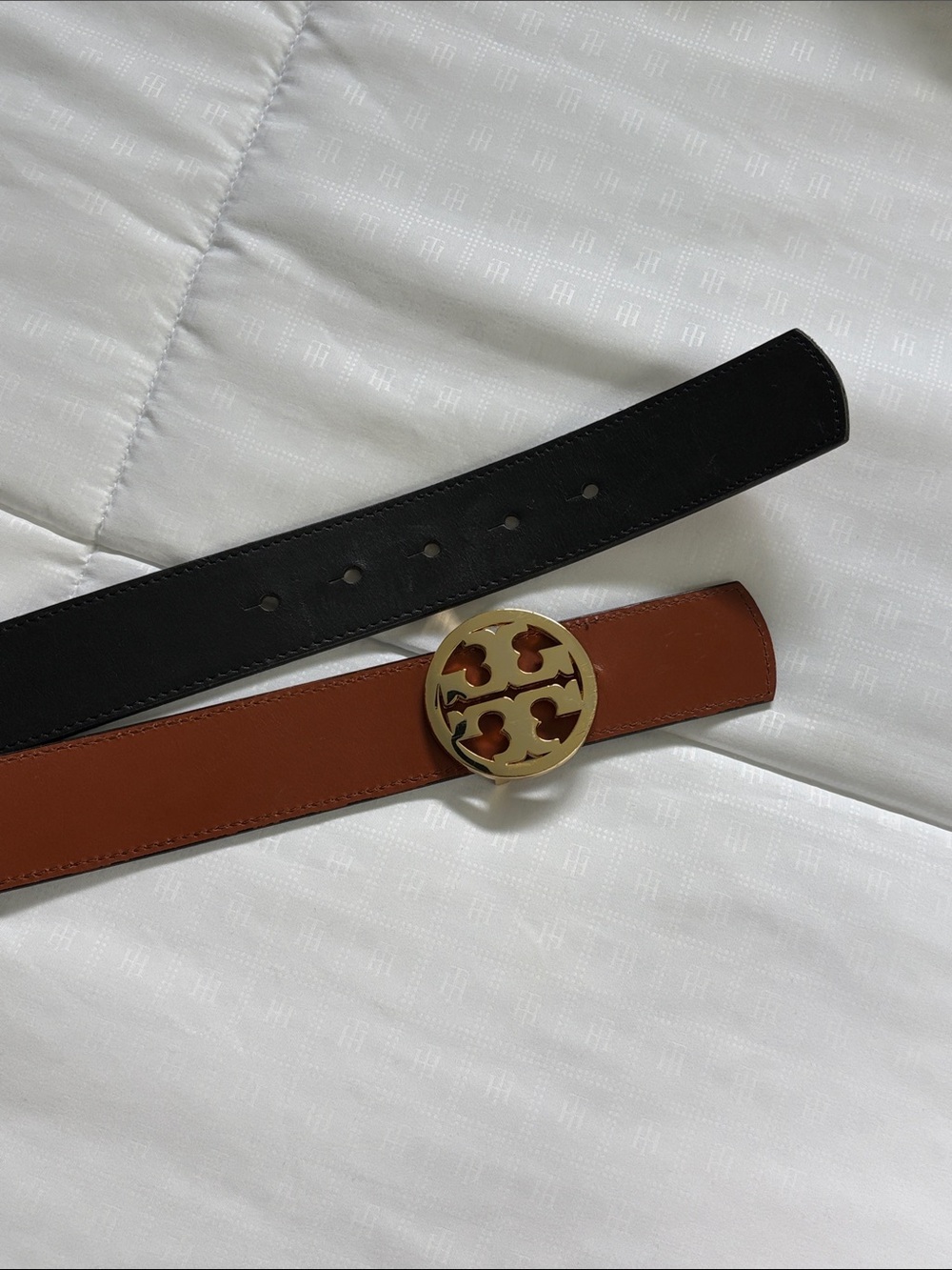 Tory Burch Reversible Black and Brown Leather Belt with Gold Logo Buckle